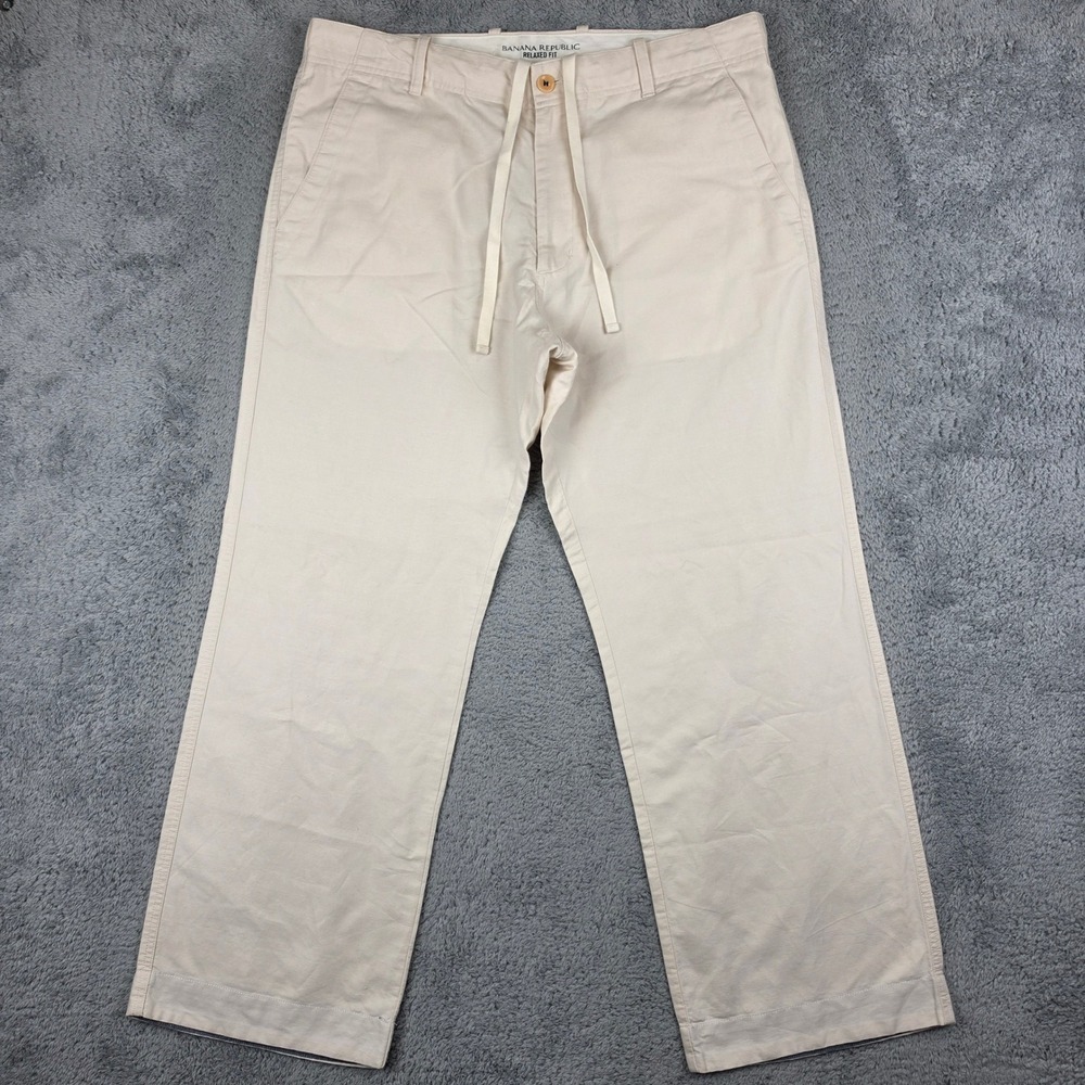 Banana Republic Linen Relaxed Pants Men 34 Fits 36 Cream Cotton Drawstring Baggy